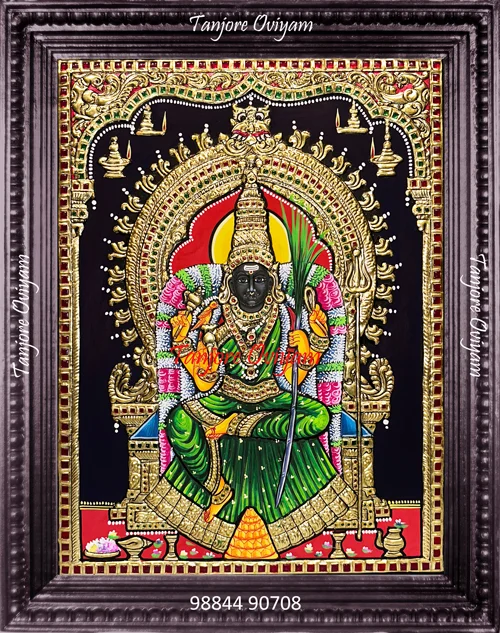 Amman Goddess Tanjore painting seated dark complexion sword green saree gold foil artwork